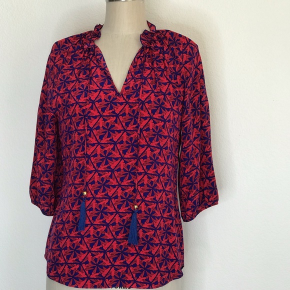 Elorie XS red blue silk blouse - Picture 1 of 8